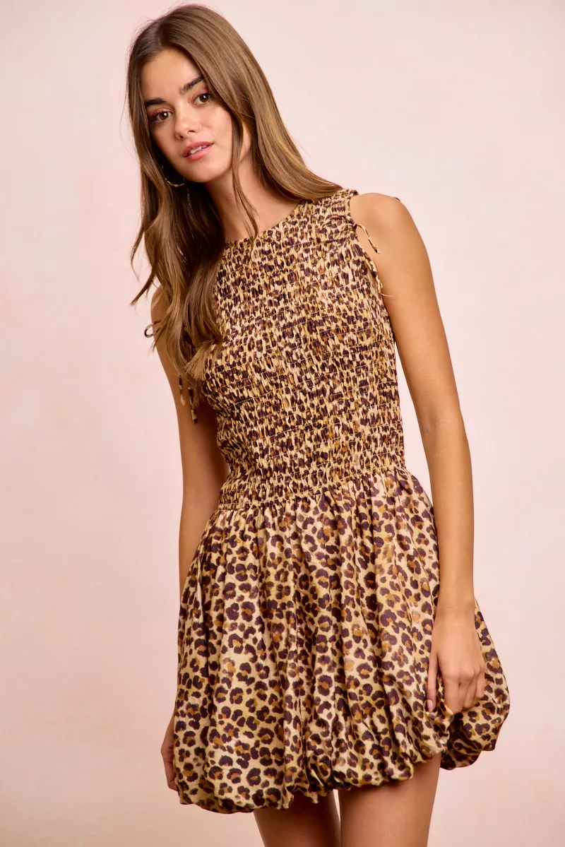Leopard Bow Tie Attachable Puff Sleeves Dress, image 11
