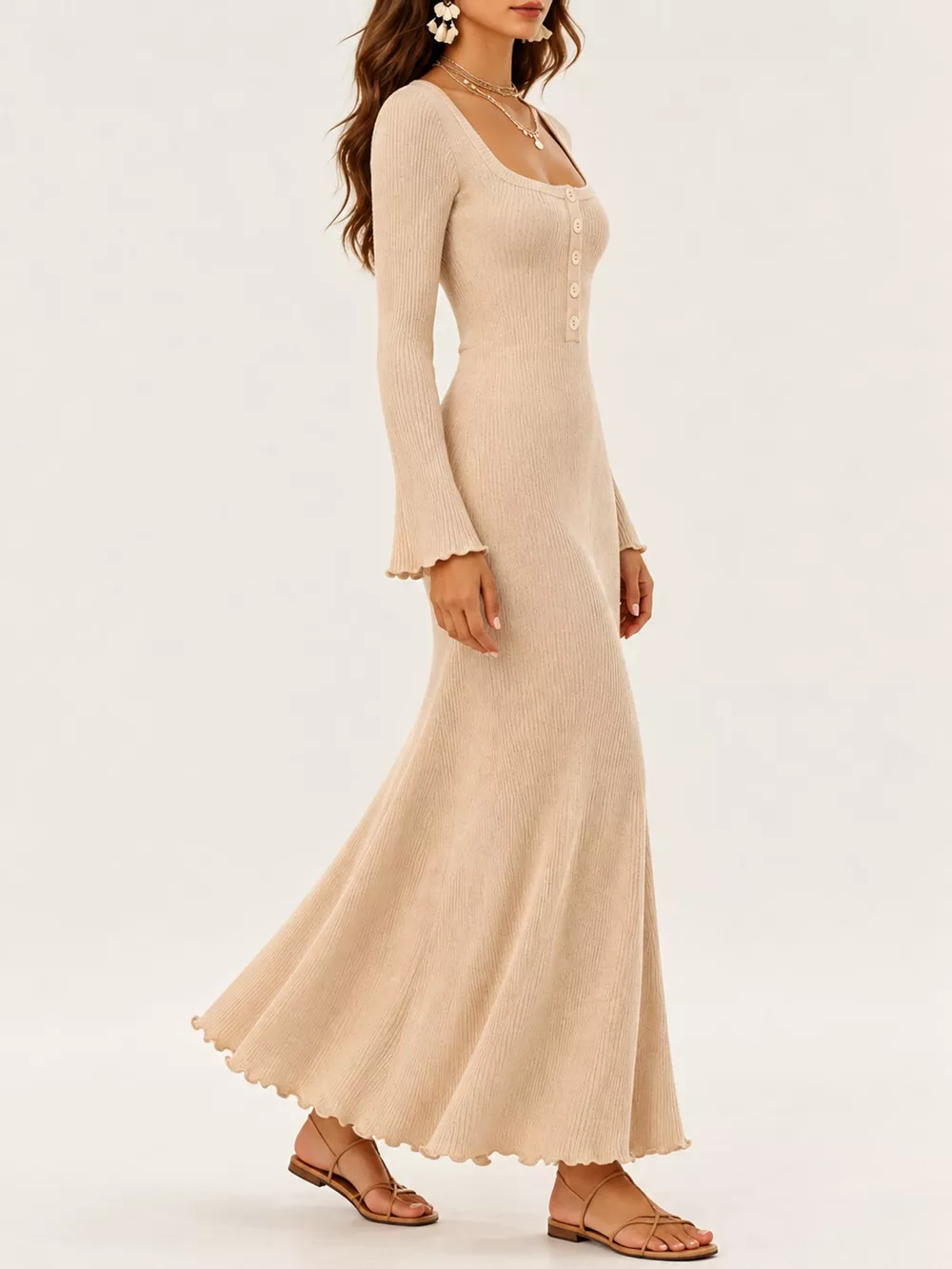 Button-Front Ribbed Knit Maxi Dress, image 13