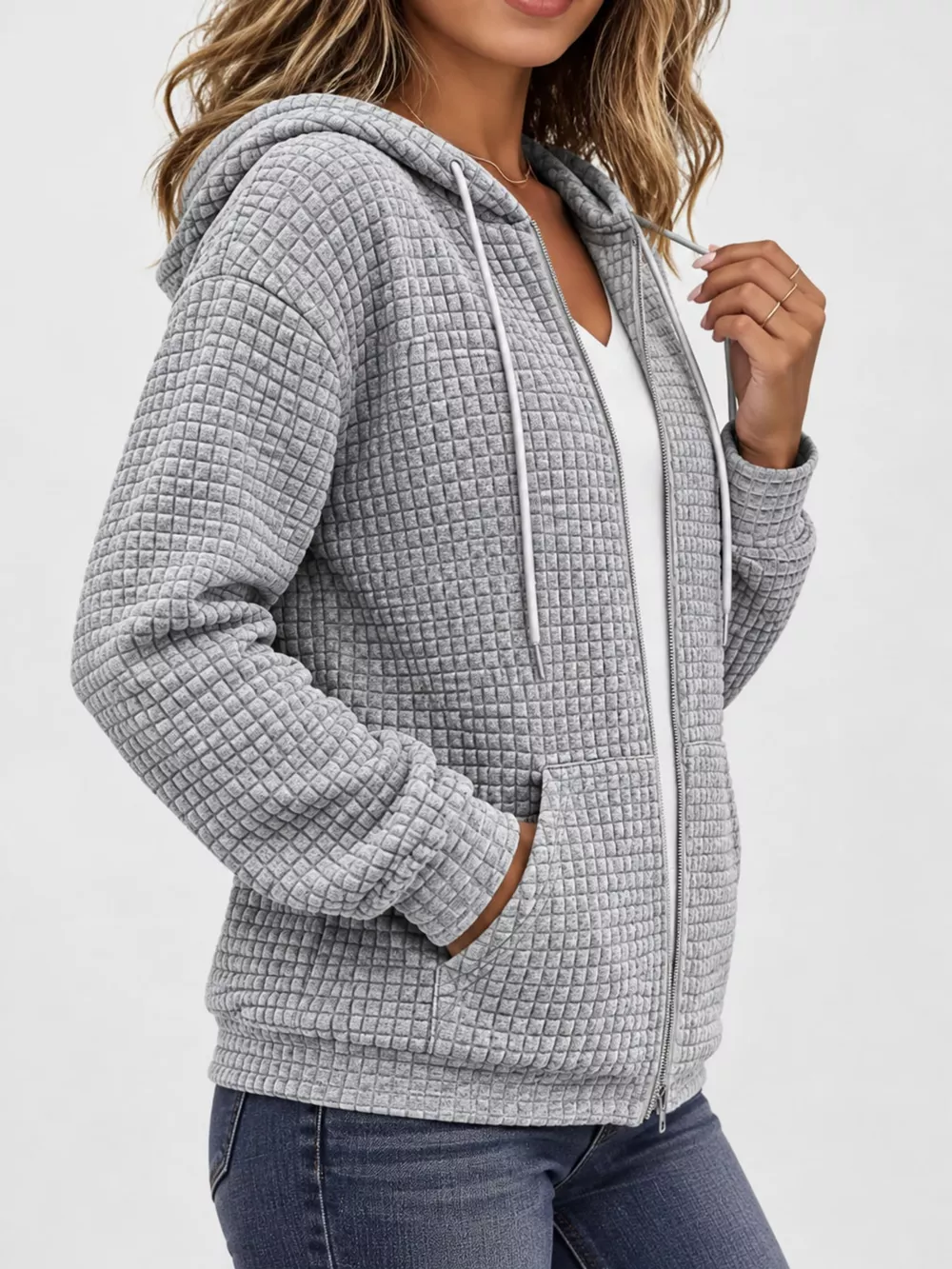 Waffle Knit Zip-Up Hoodie with Drawstring and Pockets, image 11