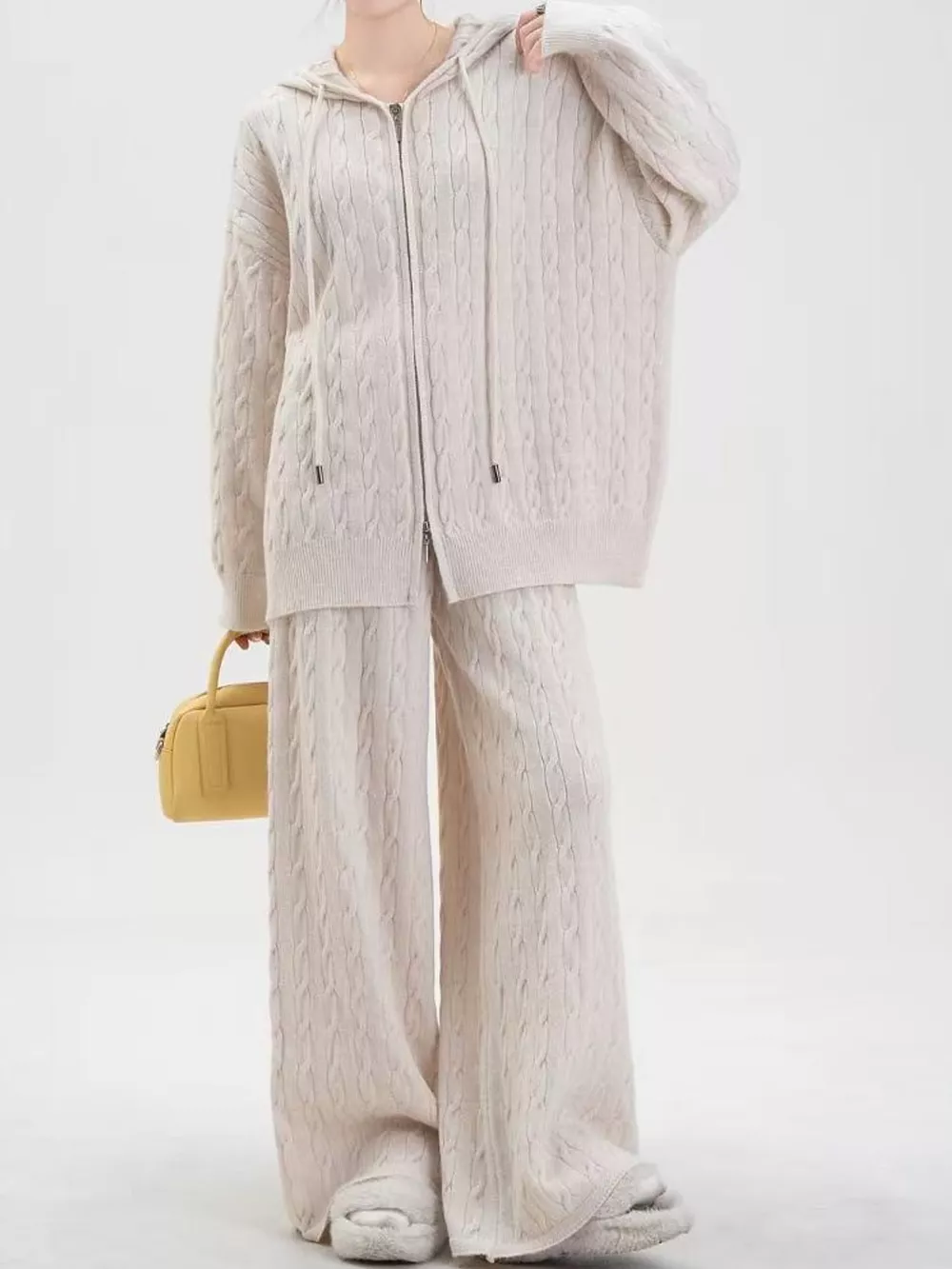 Cable Knit Zip-Up Hooded Cardigan and Wide-Leg Pants Sweater Set, image 9