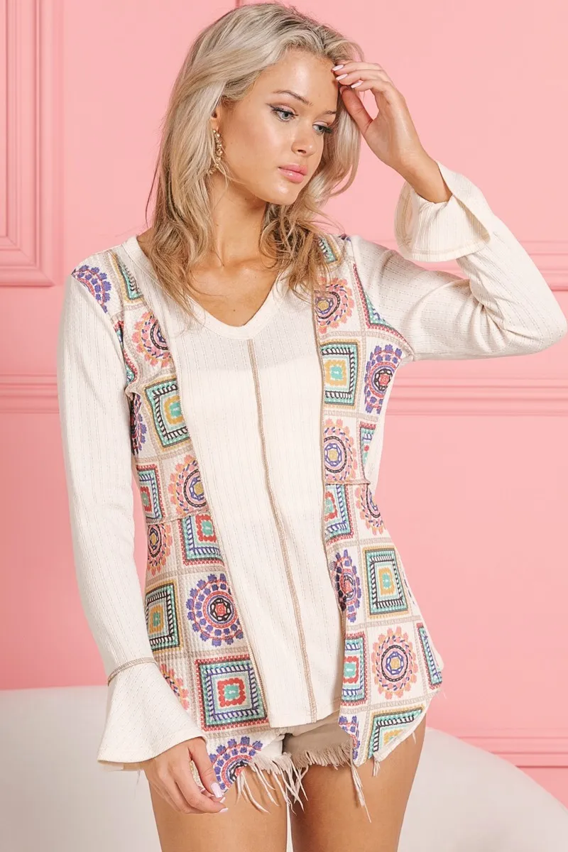 Granny Square Print Contrast Annie Rib V Neck Top, image 10