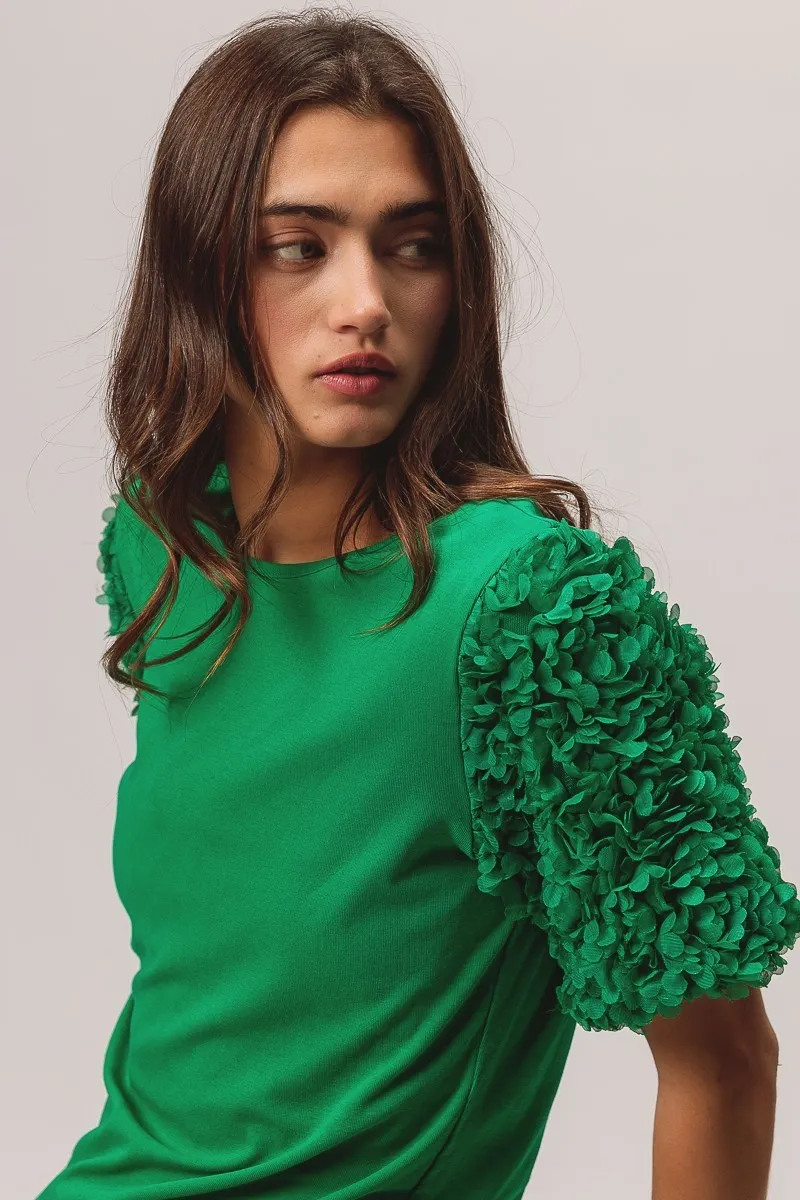Short Mesh Flower Sleeve Knit Top, image 3