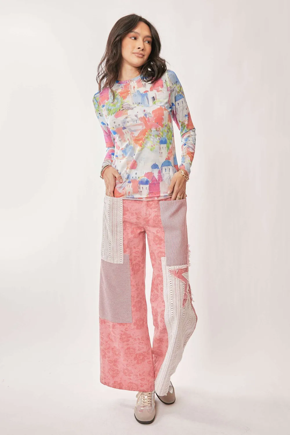 Multi Printed Mesh Round Neck Long Sleeve Top, image 6