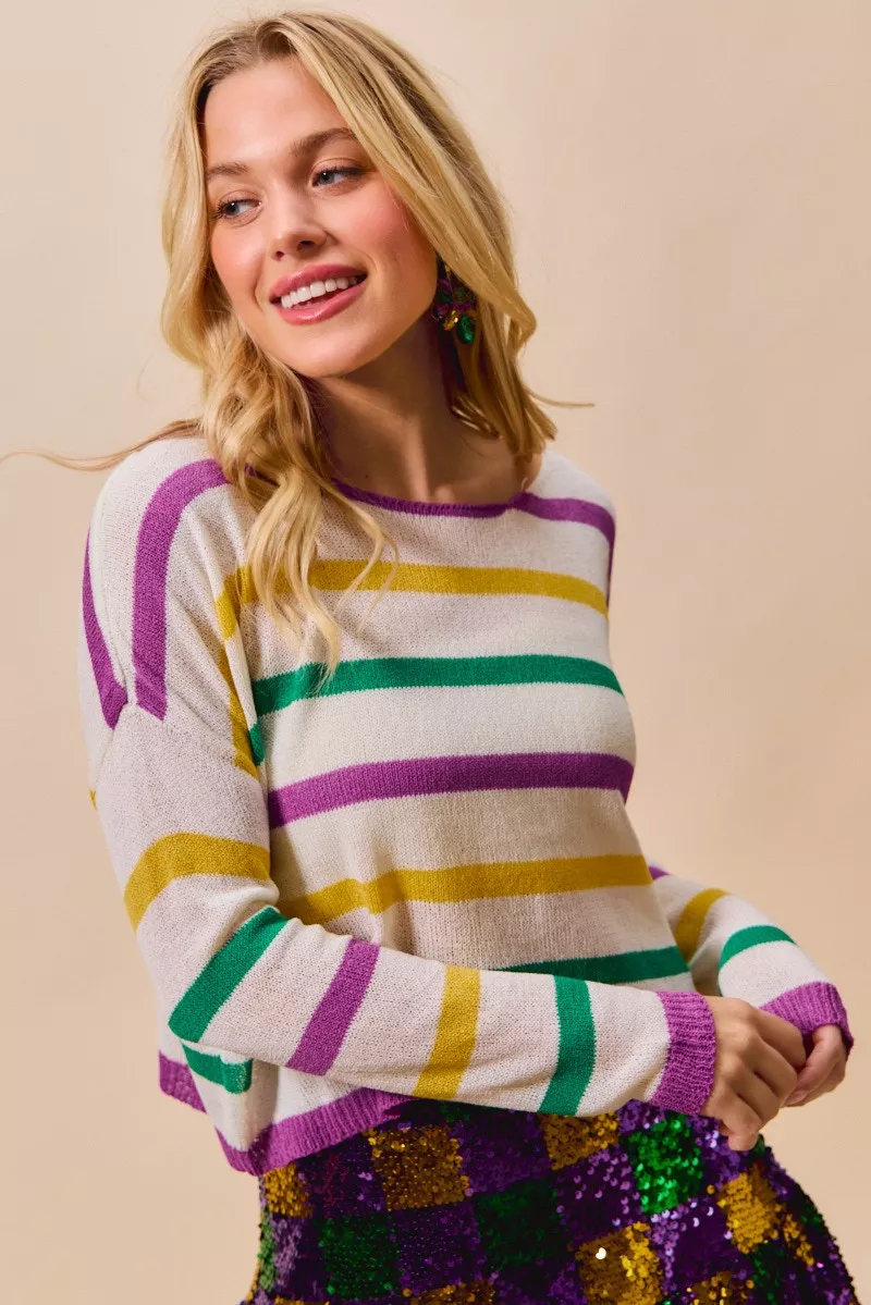 Mardi Gras Color Stripe Lightweight Sweater Top, image 12