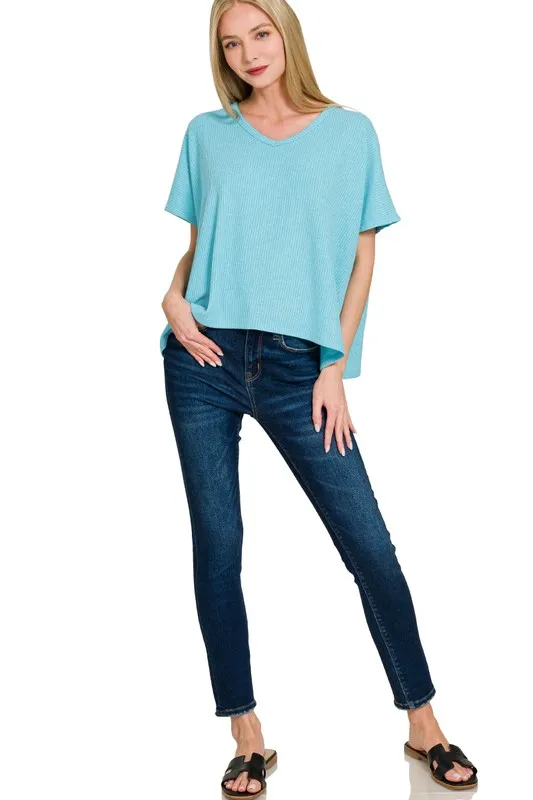 Ribbed V-Neck Short-Sleeve Knit Top, image 4