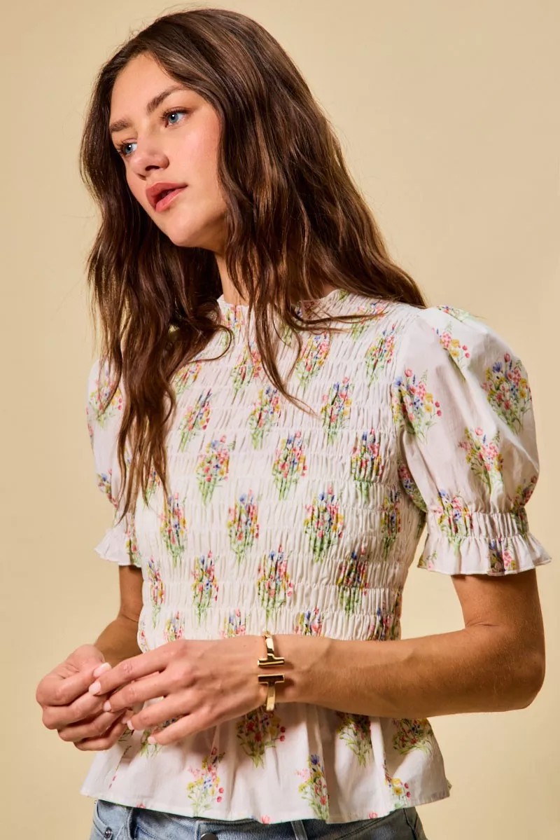 Floral Cotton Smocked Short Sleeves Blouse, image 9
