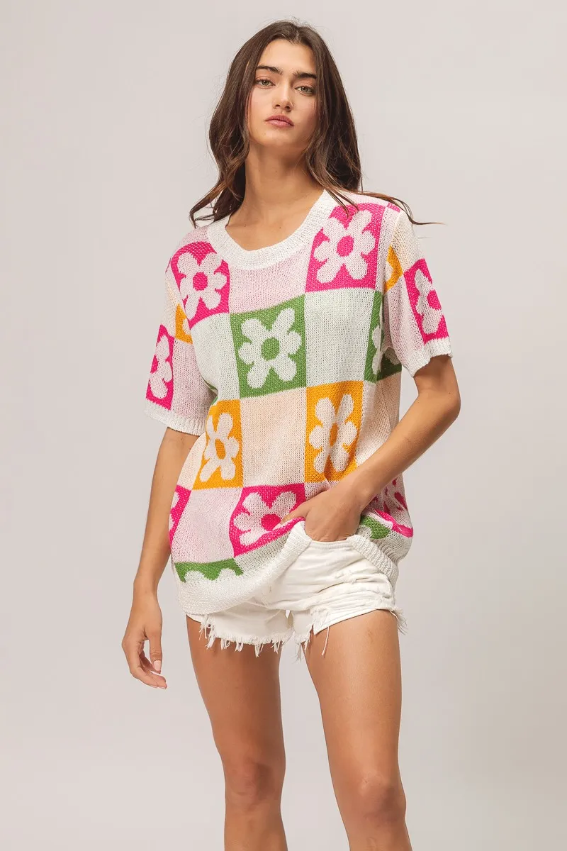 Flower Checker Pattern Lightweight Sweater Top, image 8