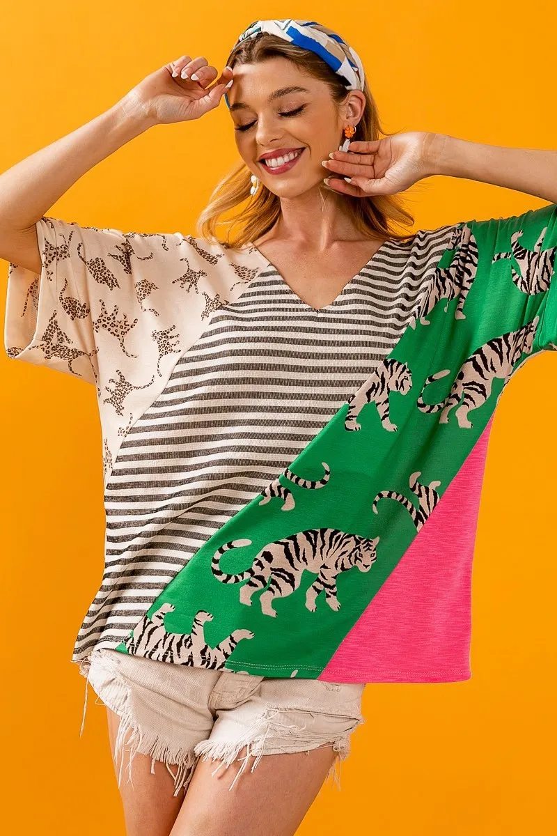 Tiger W Stripe Contrast Color Block V Neck Top, image 4