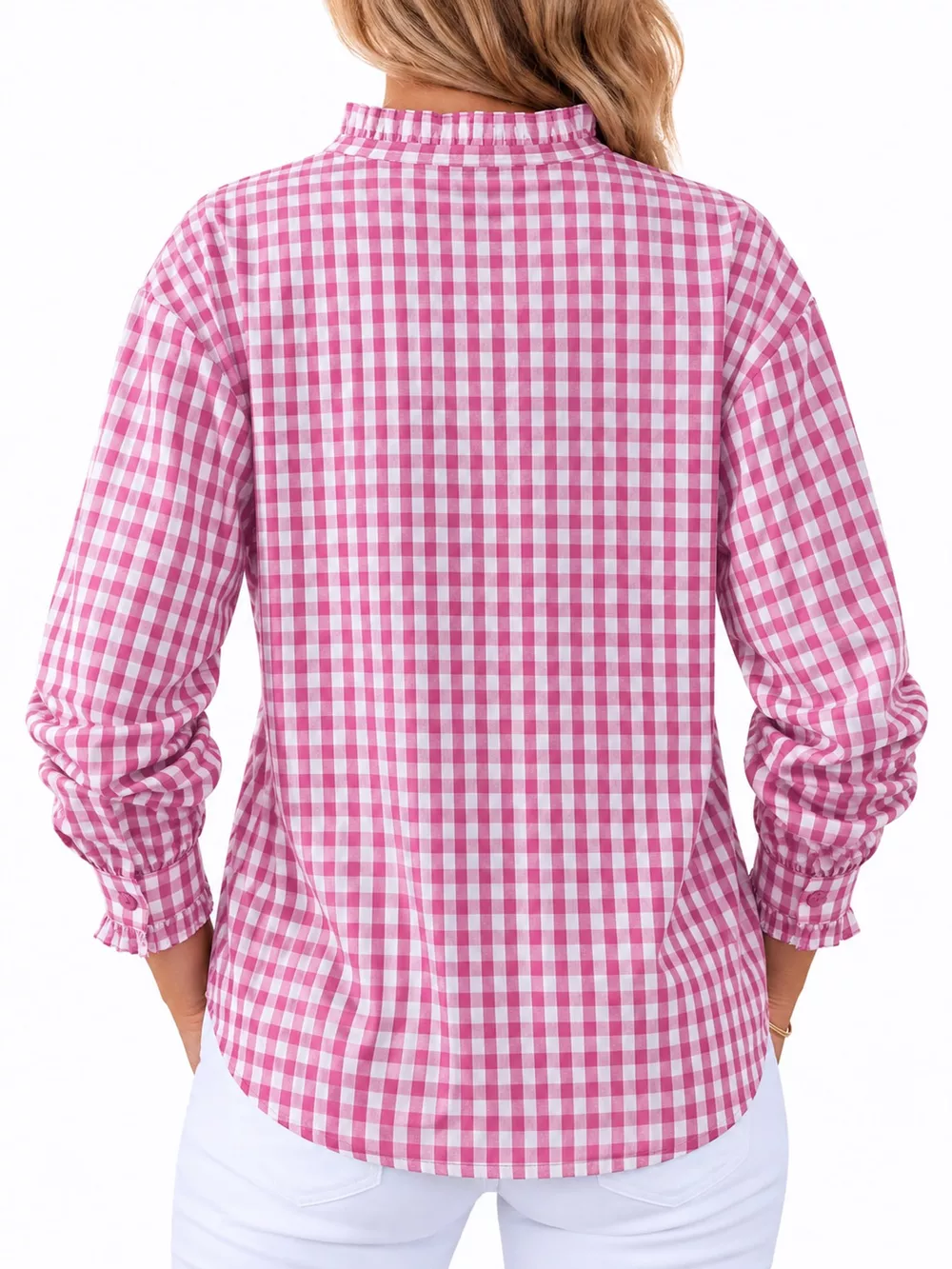 Gingham Ruffle Trim Stand Collar Shirt, image 13