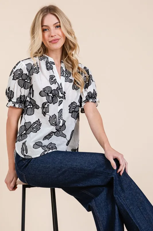 Embroidered Split Neck Puff Sleeve Blouse, image 5