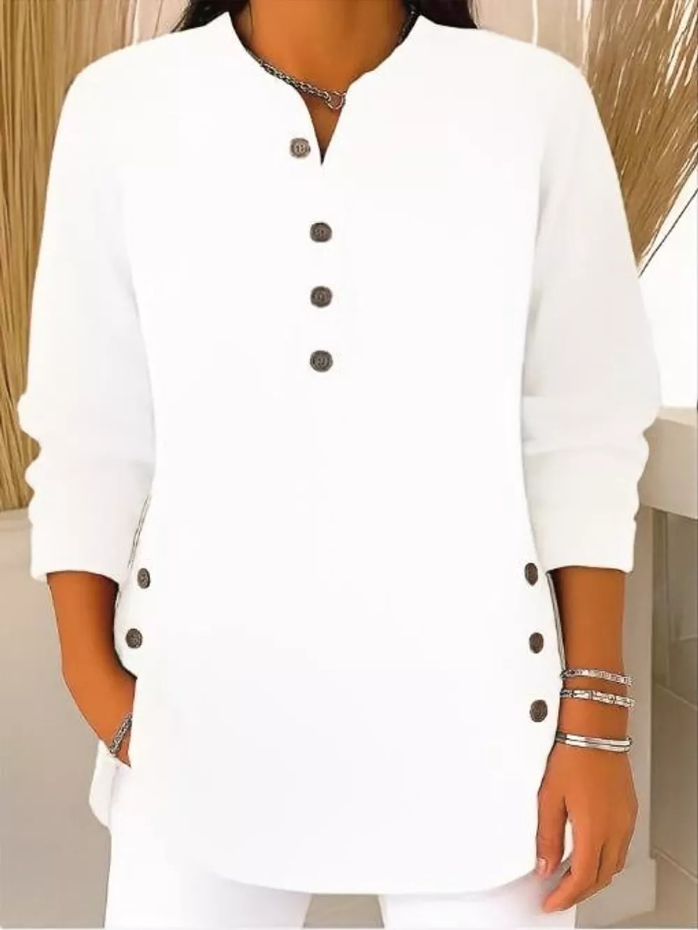 Full Size Button Detail Long Sleeve Top Plus Size, image 32