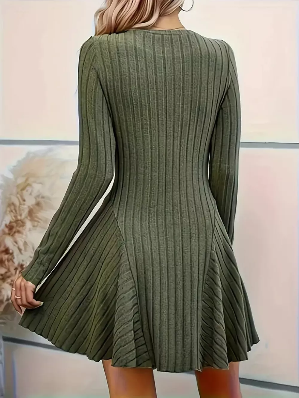 V-Neck Ribbed Knit A-Line Dress, image 3