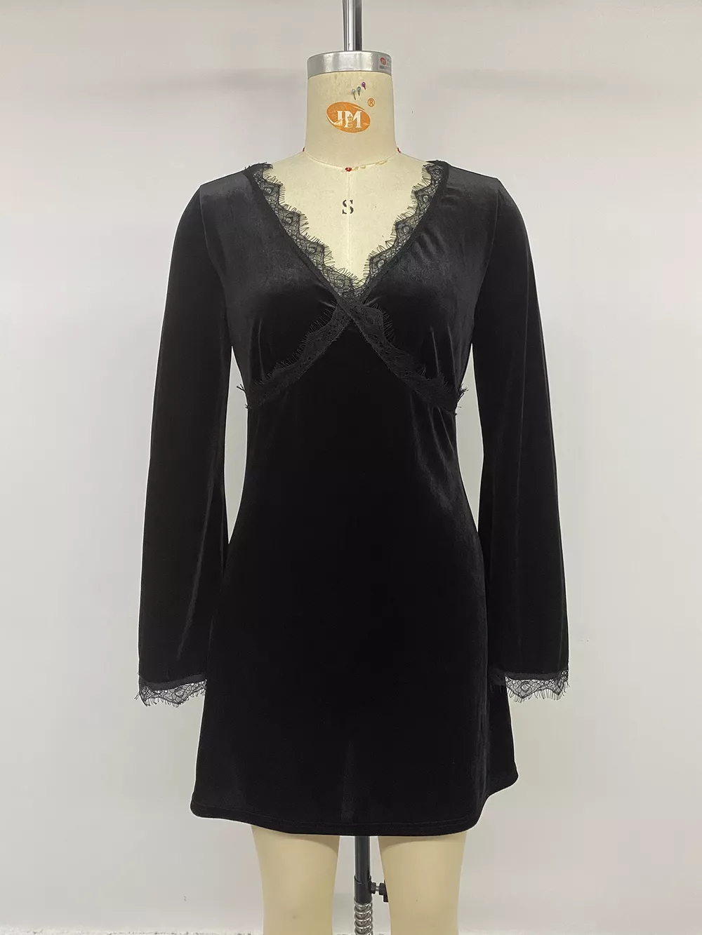 Velvet Lace Trim V-Neck Mini Dress, image 6