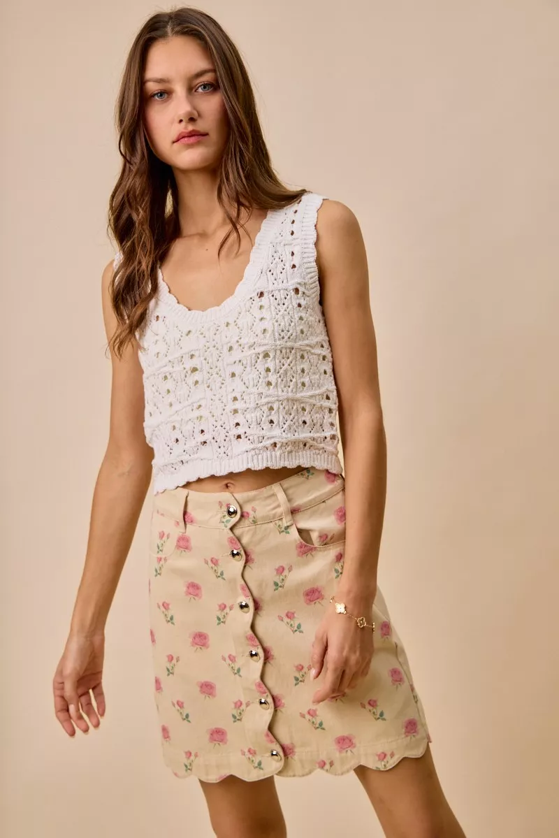 Floral Rose Print Cotton Twill Scallop Mini Skirt, image 6