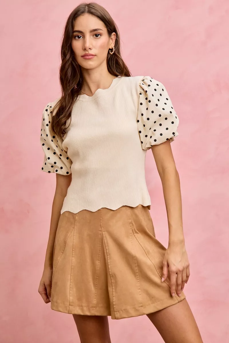 Polka Dot Contrast Woven Ballon Sleeve Blouse, image 6