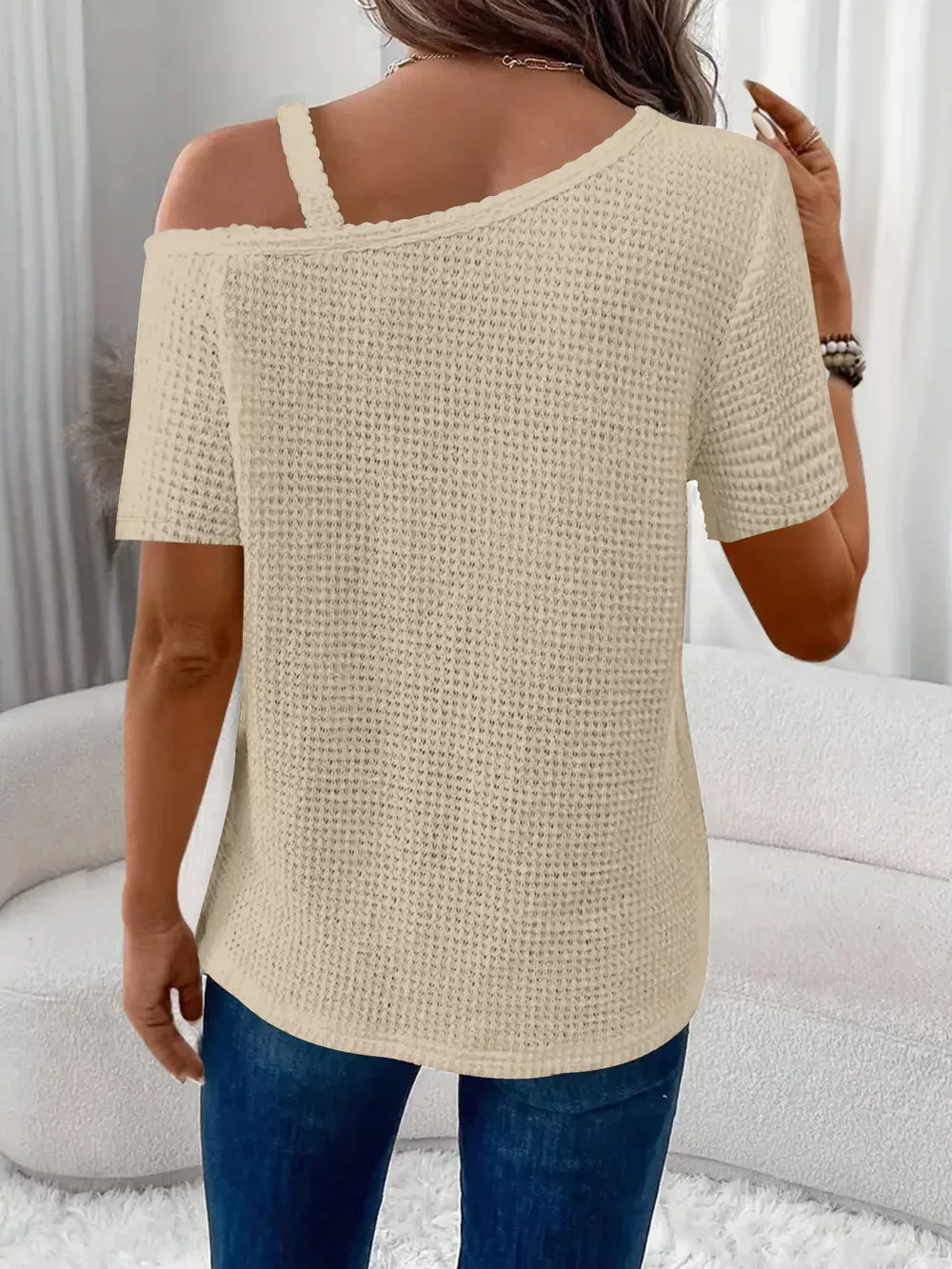 One-Shoulder Chain Detail Waffle Knit T-Shirt, image 3