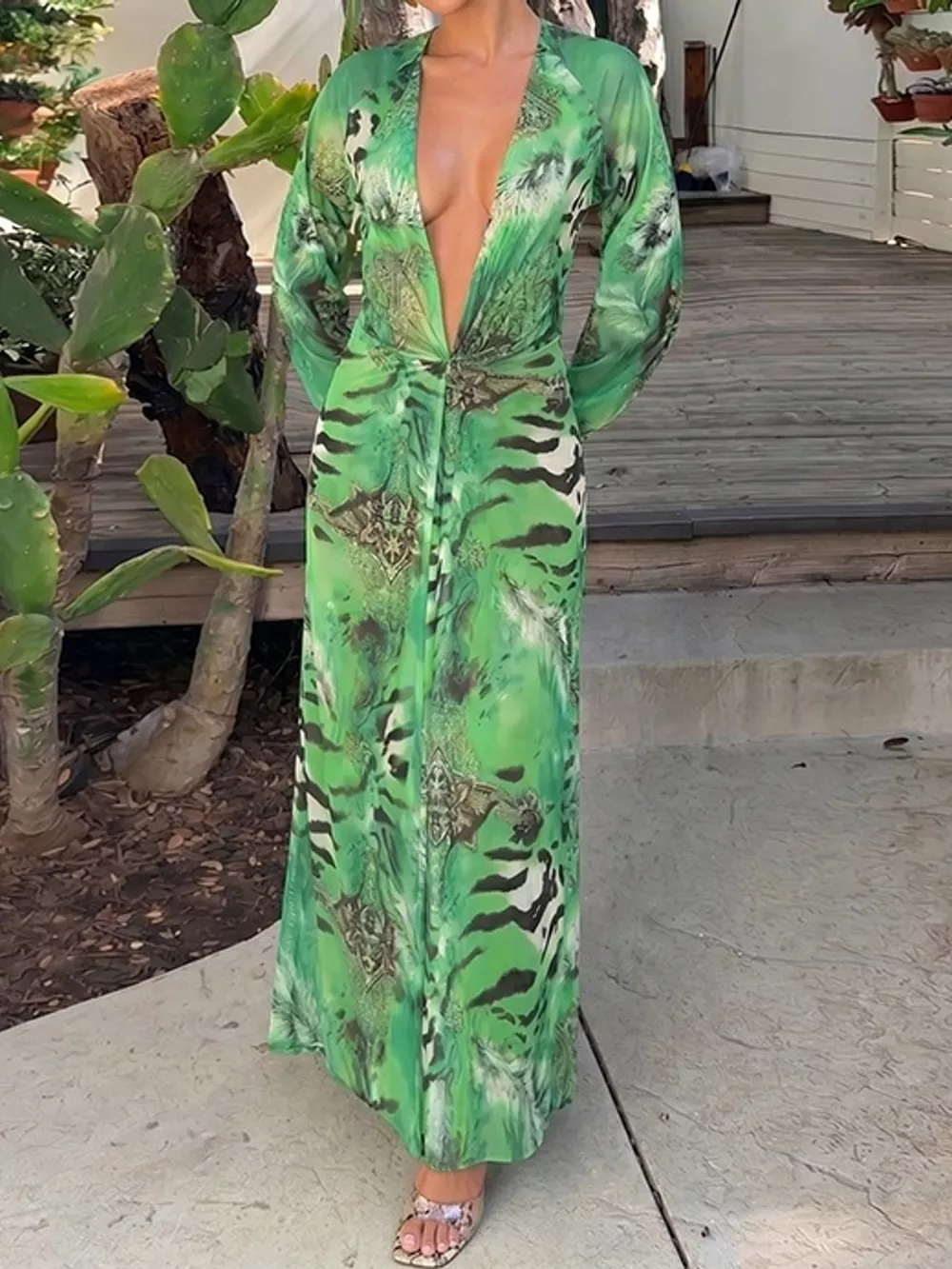 Deep V-Neck Long Sleeve Printed Maxi Dress, image 2