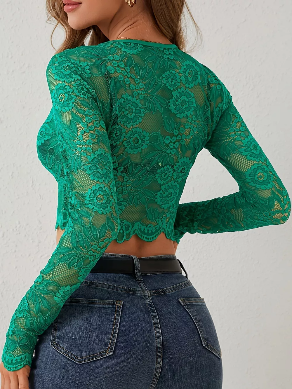 Lace Sheer Long Sleeve Crop T-Shirt, image 3