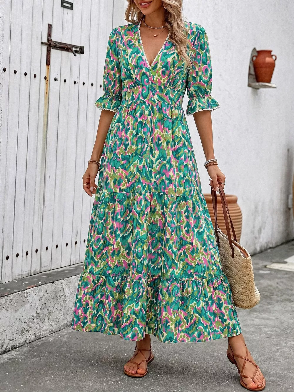 Printed V-Neck Flounce Sleeve Dress, image 4