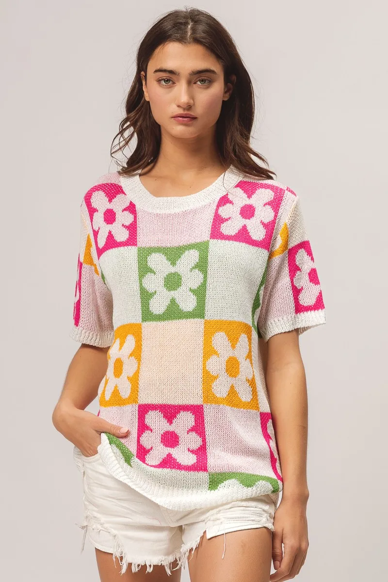 Flower Checker Pattern Lightweight Sweater Top, image 9