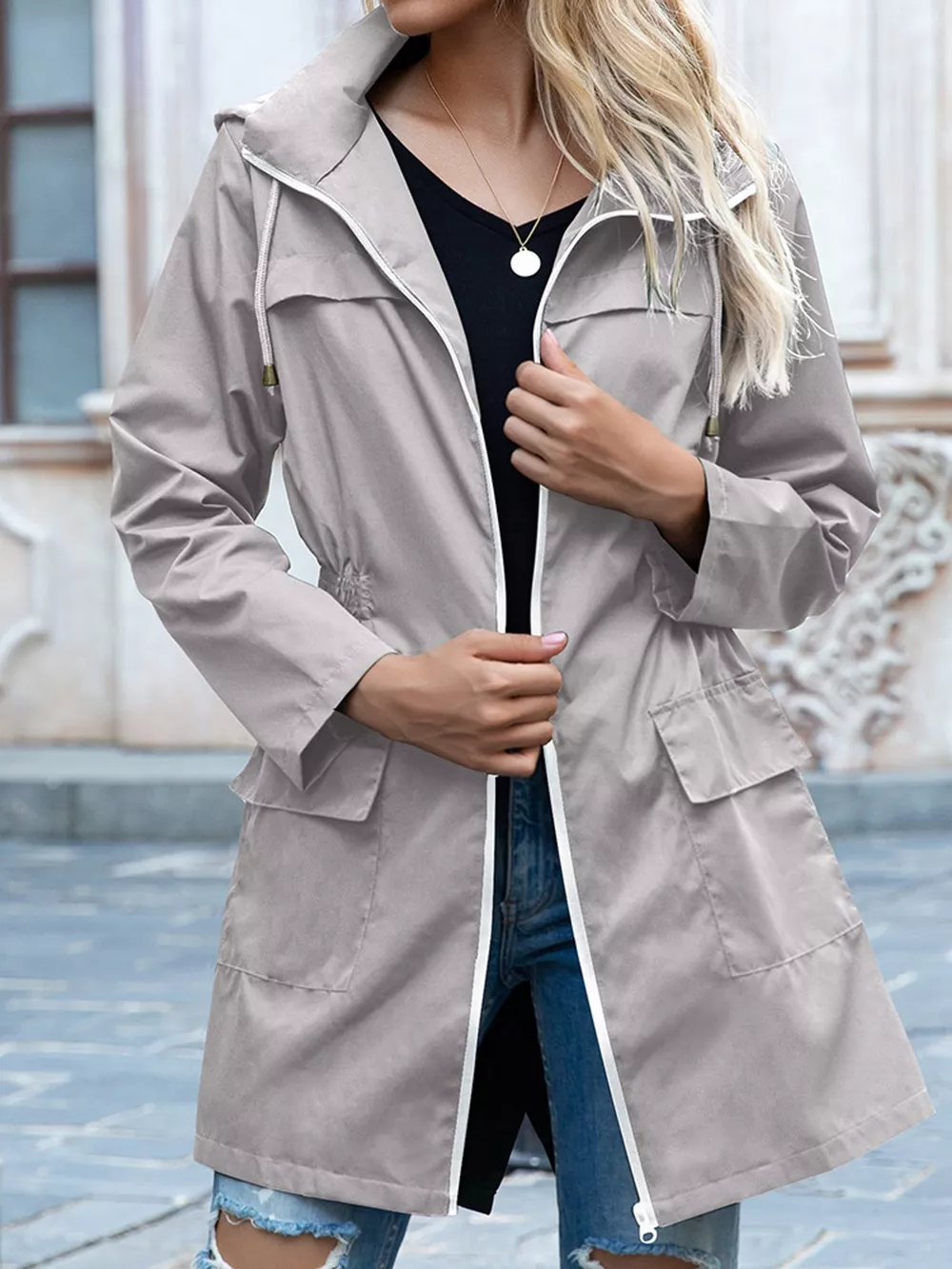 Zip Up Drawstring Waist Hooded Jacket