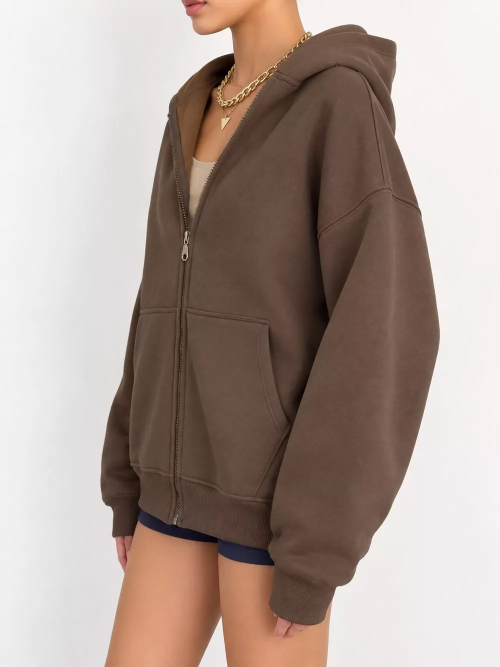 Full Size Zip-Up Dropped Shoulder Hoodie Plus Size, image 2