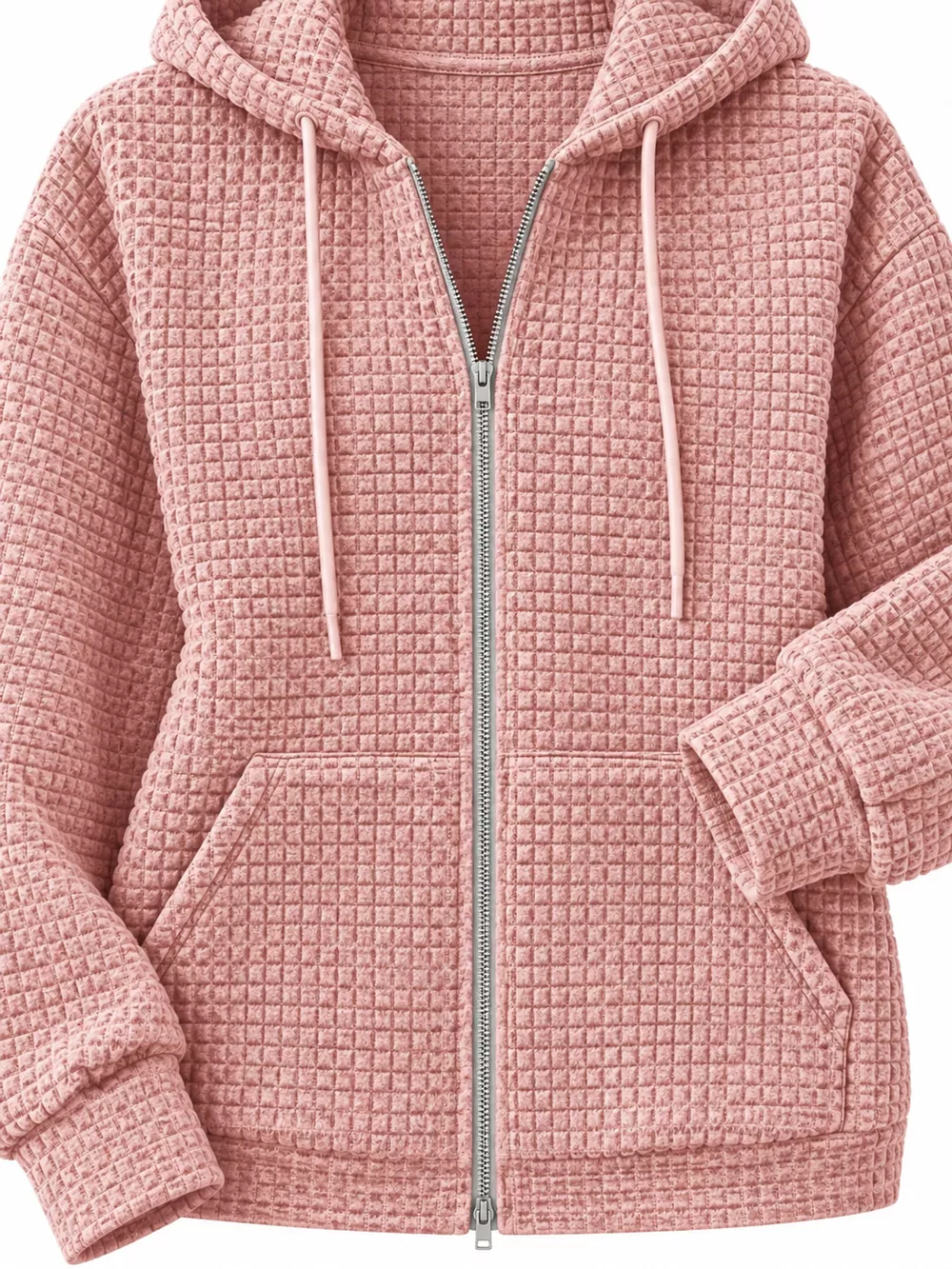 Waffle Knit Zip-Up Hoodie with Drawstring and Pockets, image 26