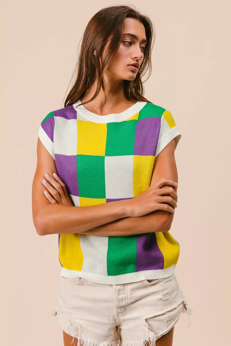 Mardi Gras Checker Pattern Sleeveless Sweater Top, image 19