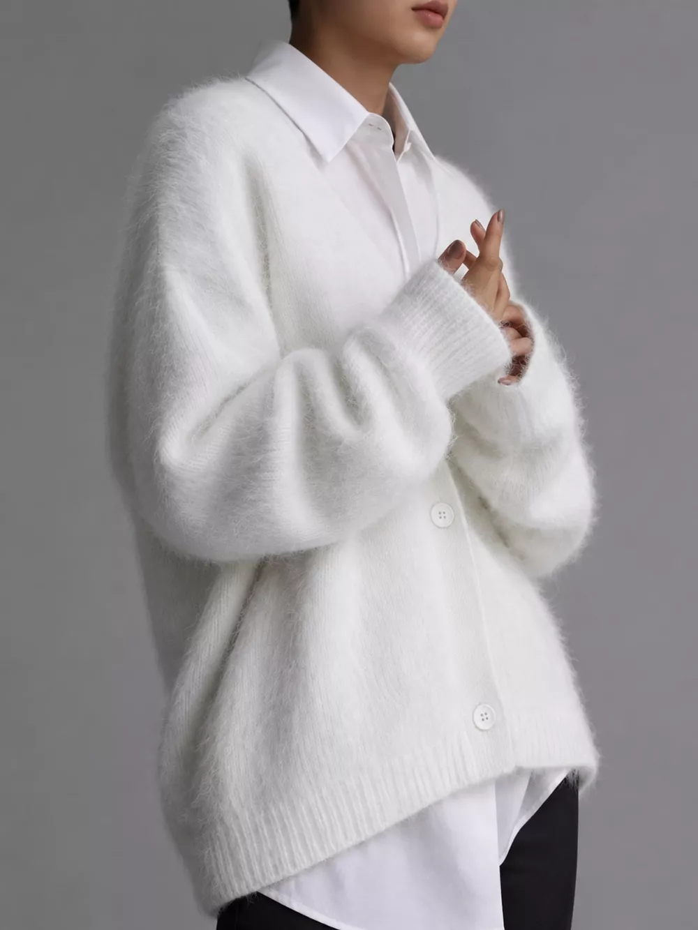 Fuzzy V-Neck Button-Down Cardigan, image 12