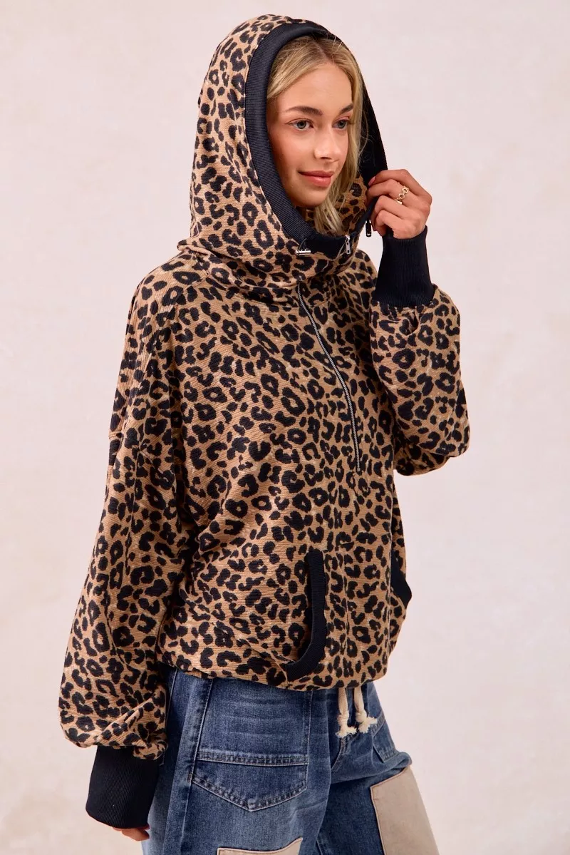 Leopard Print Waffle Half Zip Up Hoodie W Pocket, image 5