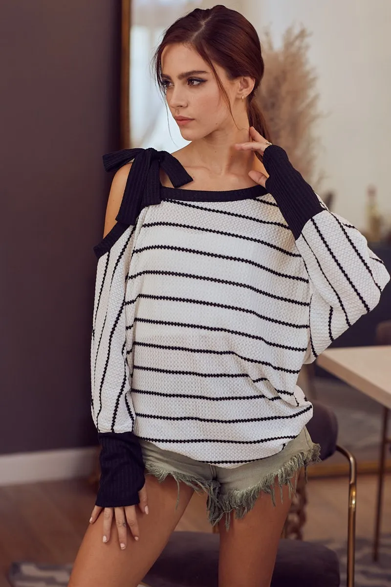 Stripe Yarn Dye Waffle One Shoulder Ribbon Detail Top, image 10