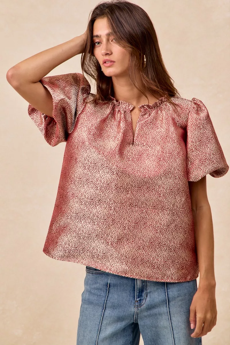 Jacquard Woven Short Balloon Sleeves V Neck Top, image 10