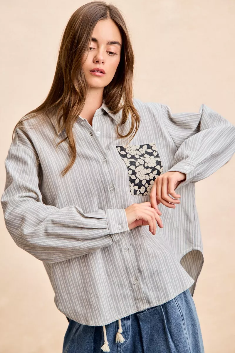 Flower Jacquard Knit Patch Pocket Stripe Shirt, image 10