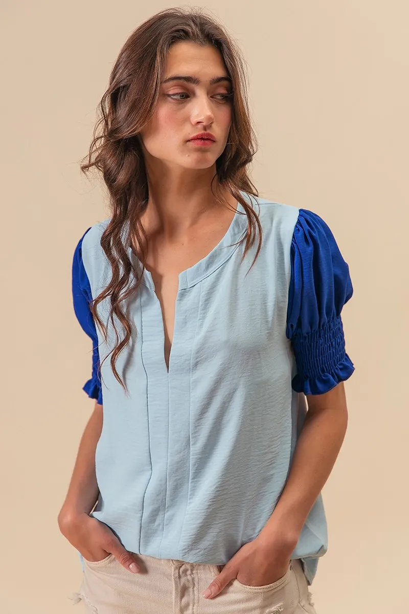 Air Flow Color Block Puff Sleeves V Neck Top, image 3