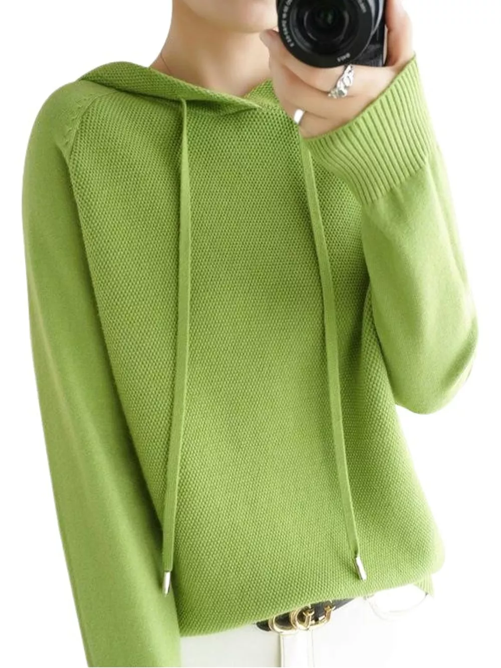 Drawstring Long Sleeve Hooded Knit Sweater