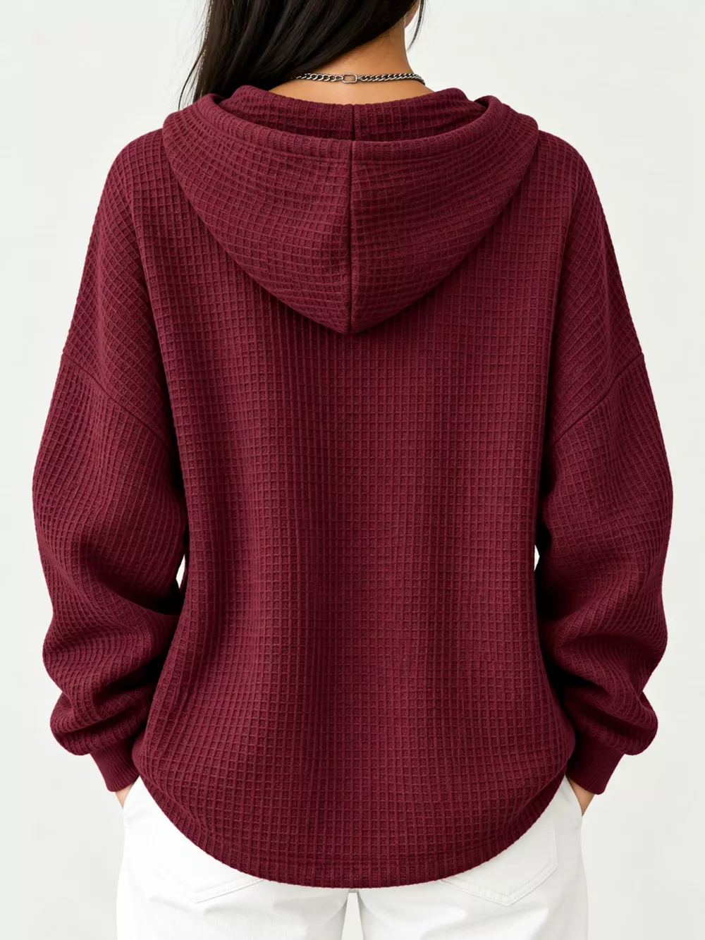 Full Size Waffle Knit Button Detail Hoodie Plus Size, image 27