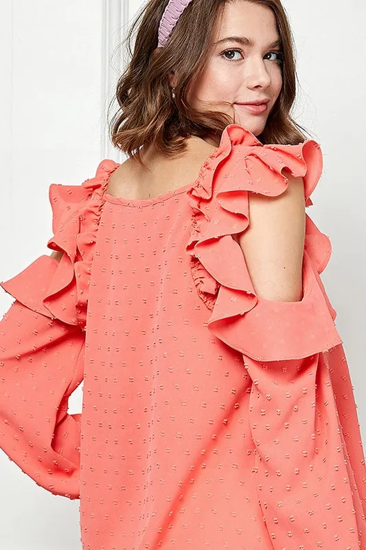 Ruffle Trim Cold Shoulder Swiss Dot Blouse, image 3
