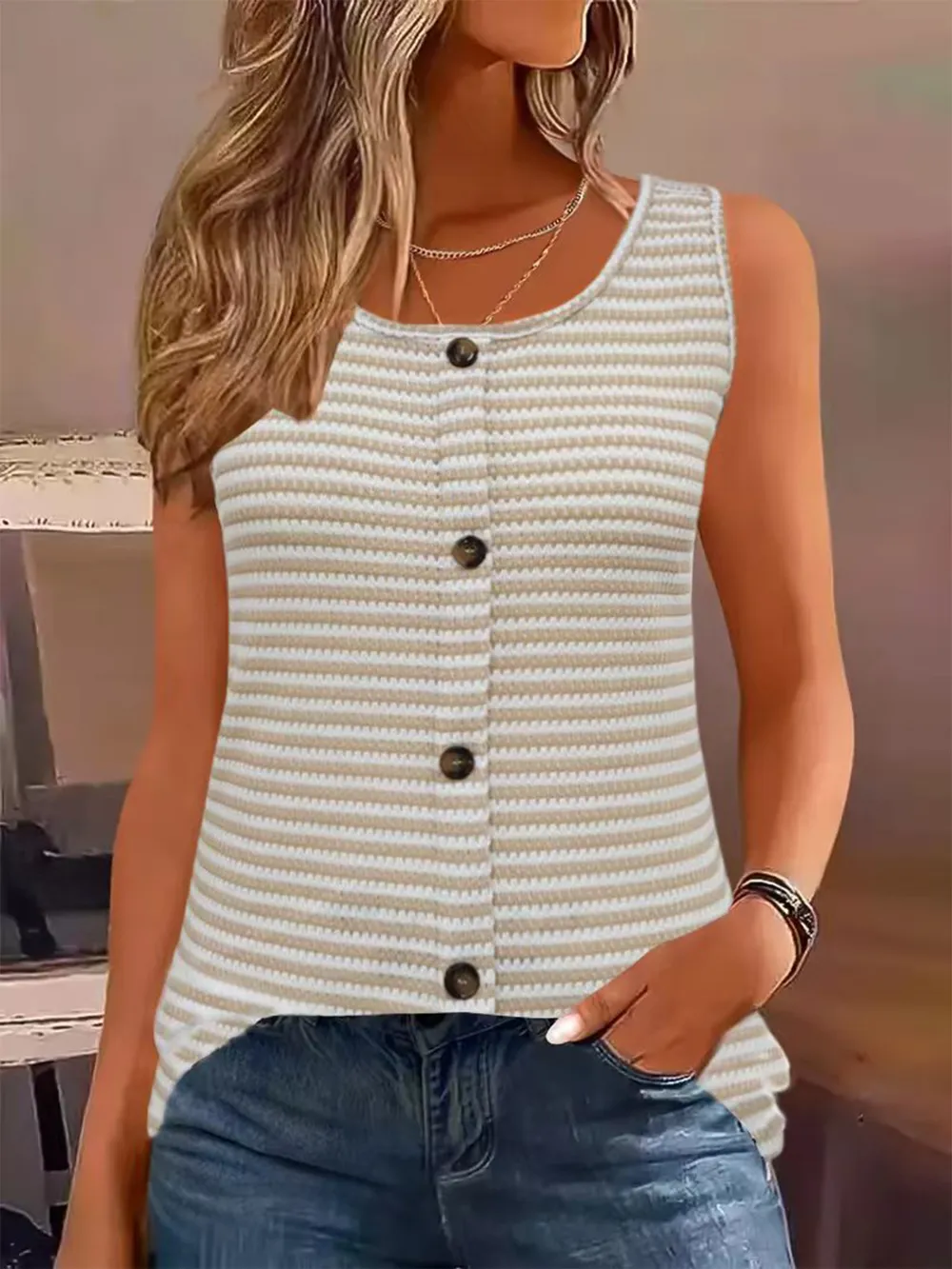 Striped Button Front Knit Tank Top, image 16