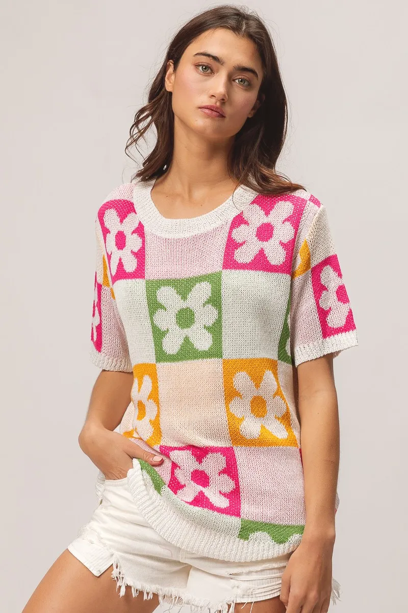 Flower Checker Pattern Lightweight Sweater Top, image 10