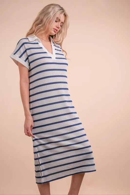 Oversized Collared Striped Knit Midi Dress, image 4
