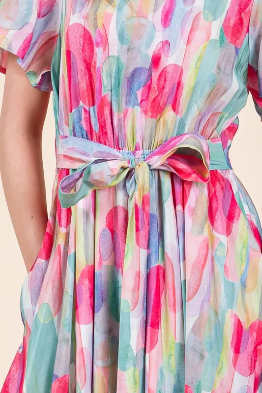 Watercolor Print Tie Front Midi Dress, image 5