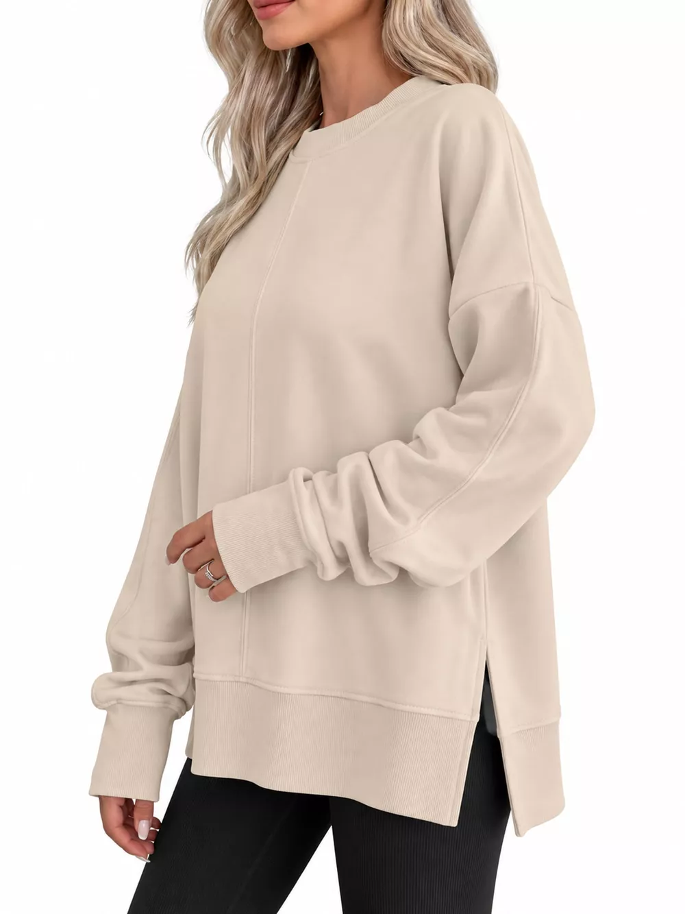 Oversized Crew Neck Sweatshirt with Side Slit, image 42