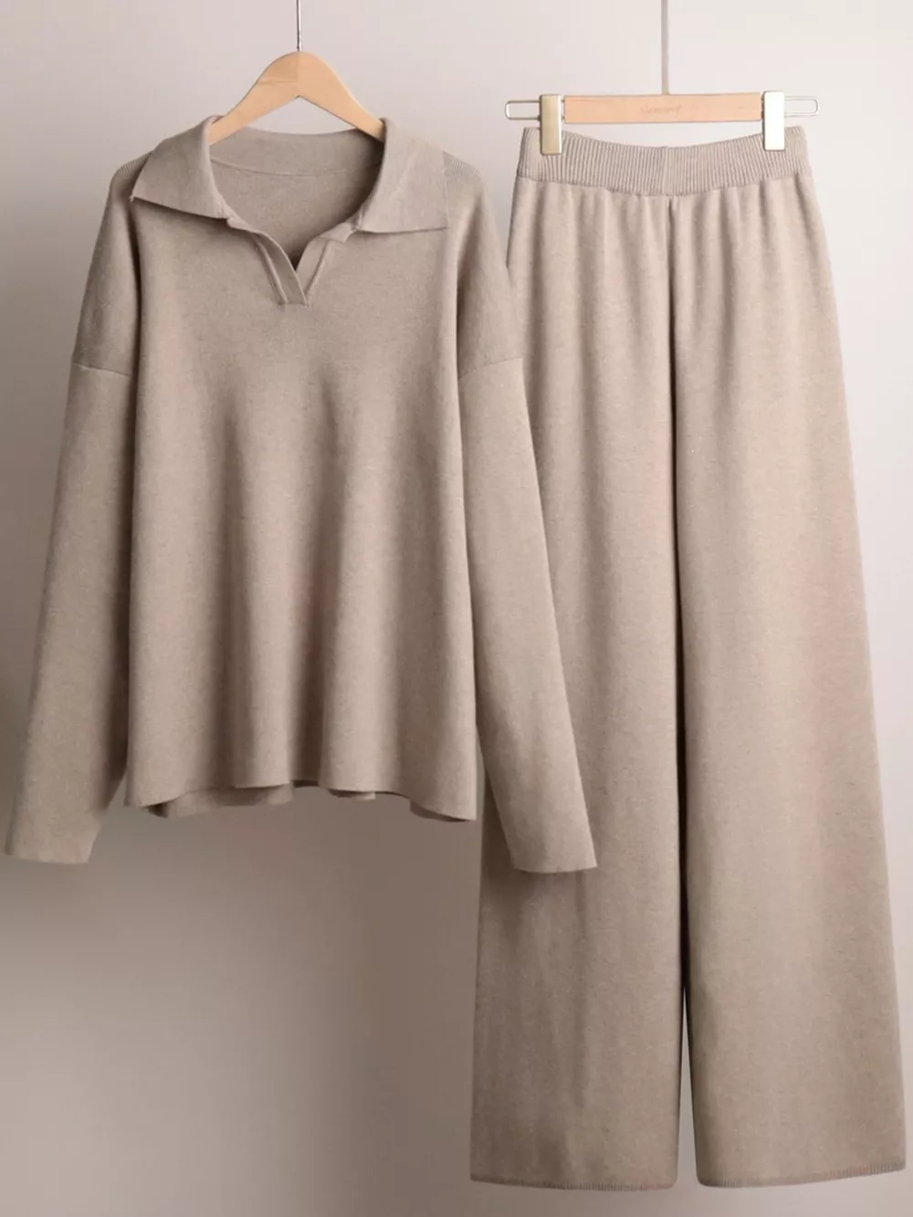 Polo Collar Top and Wide-Leg Pants Set, image 14