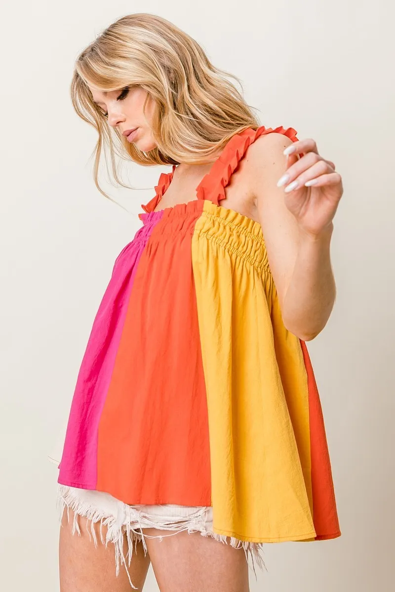 Frill Shoulder Strap Color Block Bodice Top, image 5