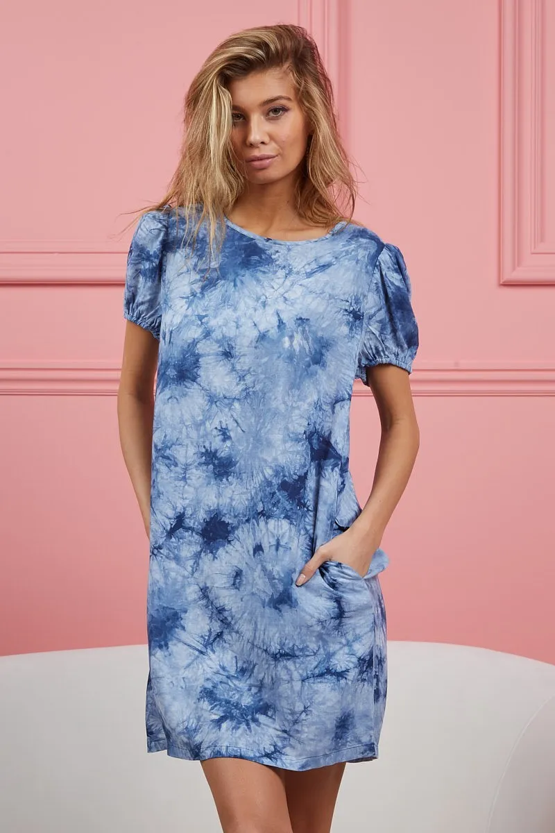 Puff Sleeve With Side Pockets Tie Dye Dress, image 8