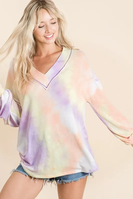 Tie Dye French Terry V-Neck Top with Puff Sleeves