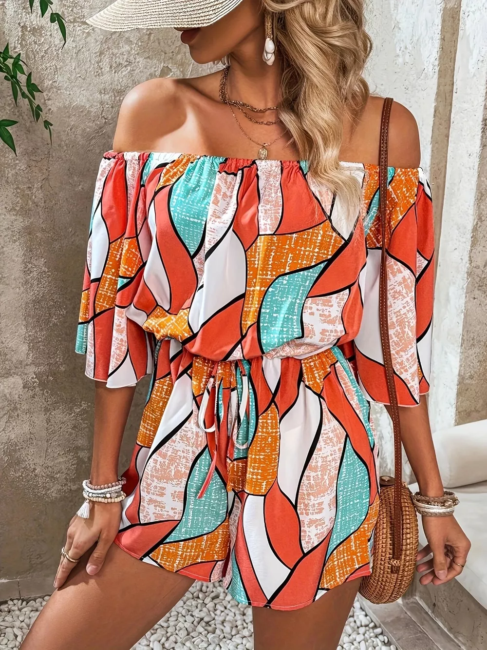 Off-Shoulder Drawstring Waist Romper, image 5