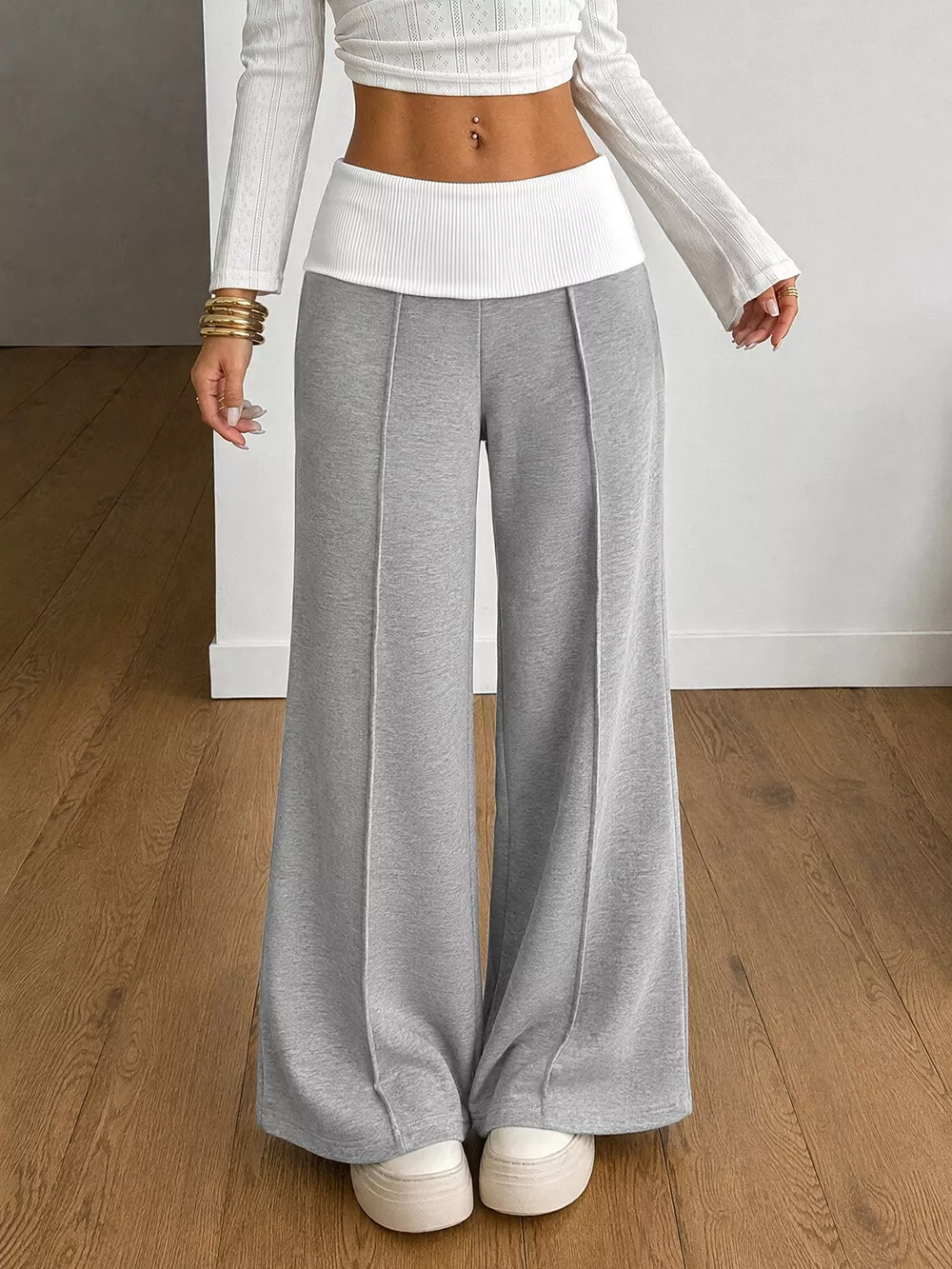 High-Waisted Wide-Leg Contrast Pants, image 4