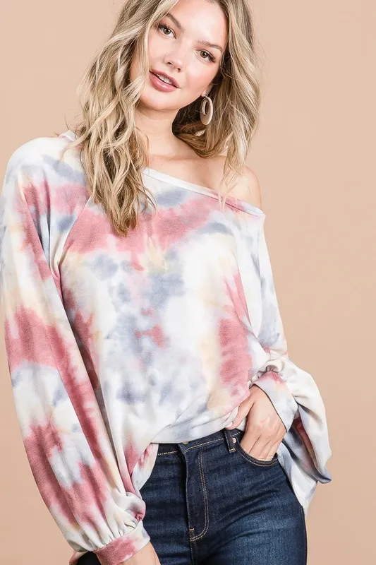 Tie Dye Print Terry Top With Puff Sleeves, image 4