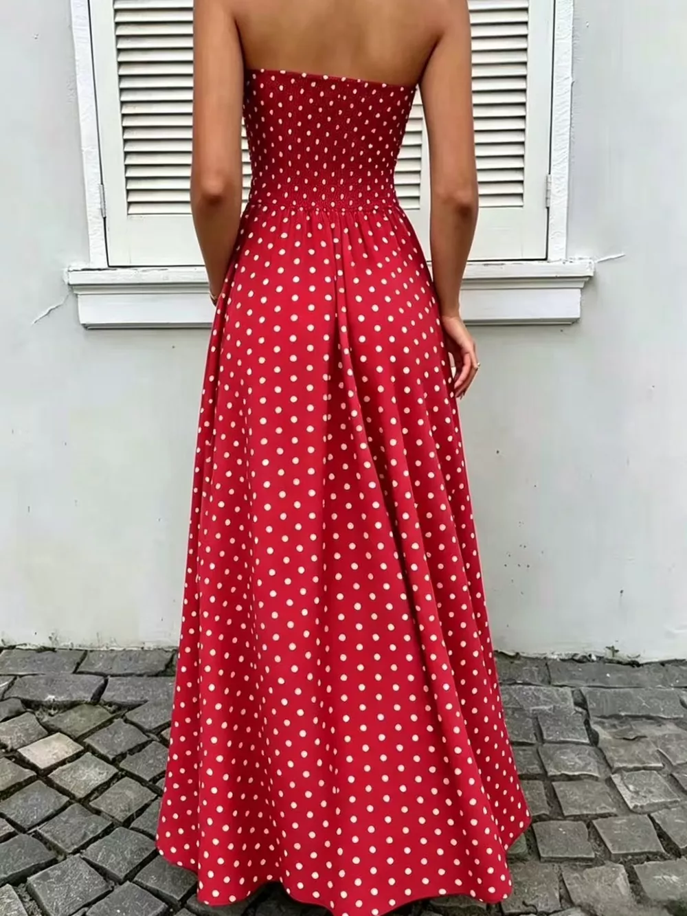 Strapless Polka Dot Ruched Maxi Dress, image 18